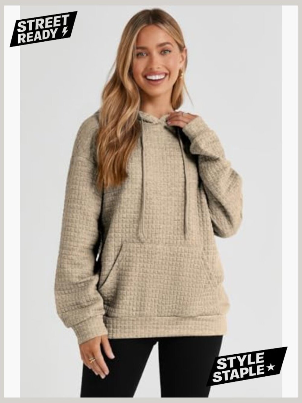 Womens Oversized Hoodie Drawstring Waffle Pullover Sweatshirt with Pocket - Picture 2 of 7